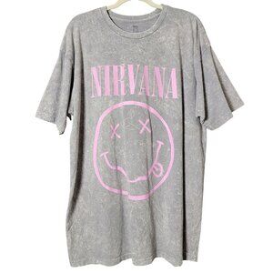 Nirvana Womens Gray Mineral Acid Wash Pink Smiley Face Graphic Band T-Shirt XL